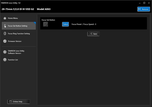 Screenshot of Tamron Lens Utility software interface showing focus preset settings for a 28-75mm F2.8 lens.