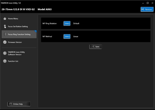 Screenshot of TAMRON Lens Utility software interface showing focus ring rotation and method settings for a 28-75mm lens.