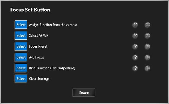 Screenshot of a Focus Set Button menu with six selectable options for camera focus controls.