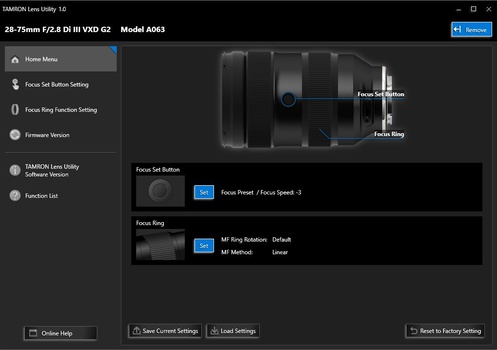 Screenshot of Tamron lens utility software interface showing focus ring and focus set button settings.