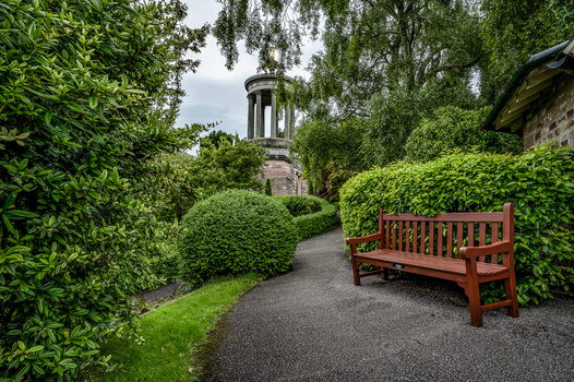 Wooden bench beside a manicured hedge-lined garden path with a stone tower structure visible in the distance.