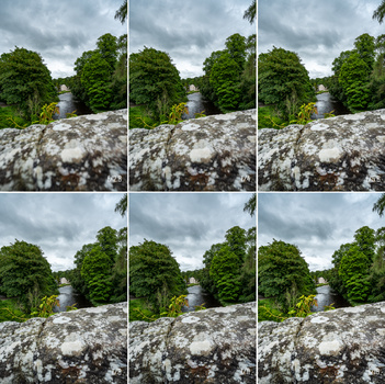 Grid of six identical landscape photographs showing a castle ruin on a rocky outcrop with green trees and a river.