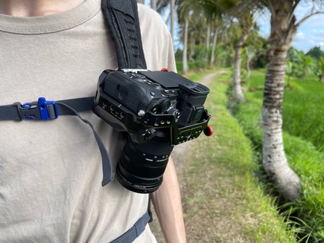 Camera mounted on chest harness strap against white shirt, with tropical vegetation and palm trees visible in background.