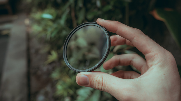 Hand holding a clear circular filter against a blurred outdoor background with foliage and moss-covered surfaces.
