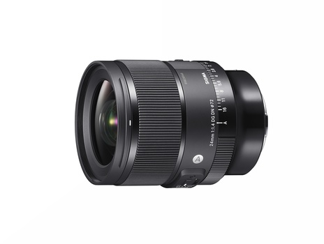 Sigma 16mm f/2.8 DN Art lens with black metal barrel and focus ring against white background.