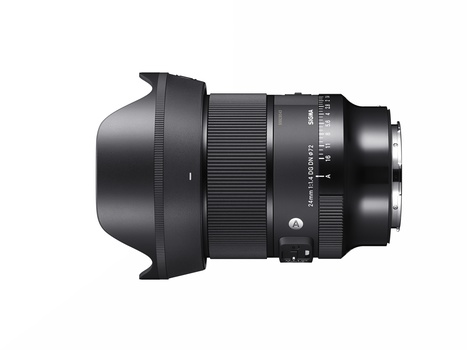Wide-angle lens with attached hood shown in side profile against white background.
