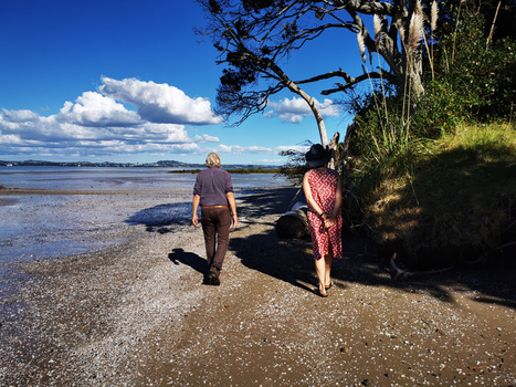 Two people walking along a sandy beach toward the water on a sunny day with blue sky and white clouds.