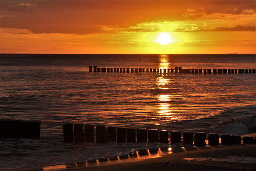 Golden sunset over ocean with wooden pier pilings extending into the water.