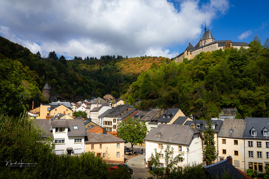 Medieval castle perched on a forested hillside above a European village with traditional architecture.