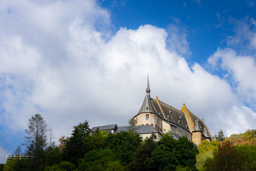 Medieval castle with stone towers and spire surrounded by green forest on hillside under blue sky with white clouds.