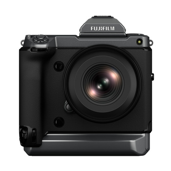 Fujifilm GFX100S medium format mirrorless camera with battery grip, front view against white background.