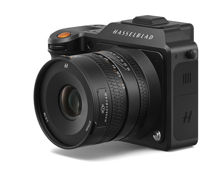 Hasselblad medium format camera with attached lens, shown against white background.