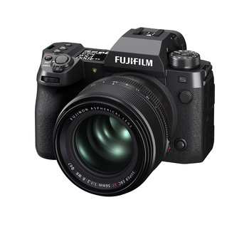 Fujifilm X-H2S mirrorless camera with attached XF 56mm f/1.2 lens against white background.