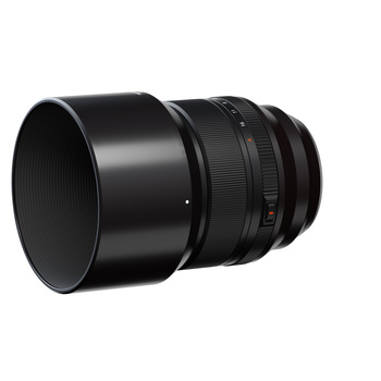 Black telephoto lens with cylindrical hood mounted, shown against white background.