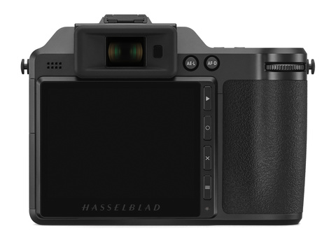 Hasselblad medium format camera with electronic viewfinder and grip, rear view showing LCD screen and controls.