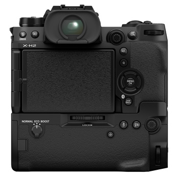 Rear and top view of a digital mirrorless camera body with battery grip attached.