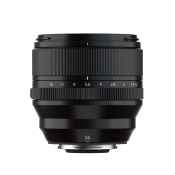 Black prime lens with aperture scale markings and 56mm focal length indicator on mount.
