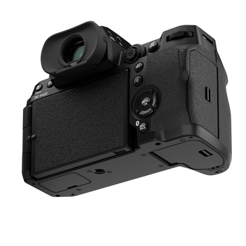 Black mirrorless camera body shown from rear three-quarter angle against white background.