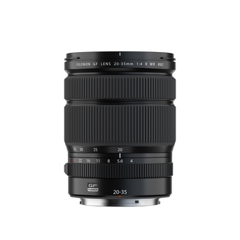 Fujifilm XF 20-35mm f/2.8 R LM WR wide-angle zoom lens shown in detail against white background.