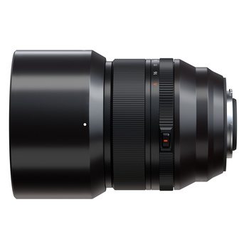 Black telephoto lens with extended barrel and focus ring against white background.