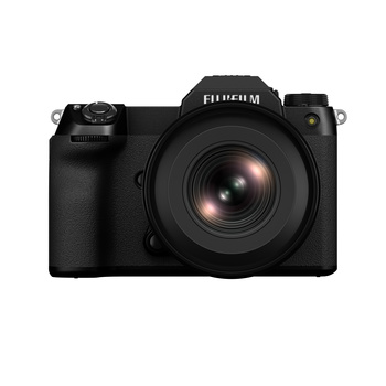 Fujifilm mirrorless camera with prime lens mounted, displayed against white background.