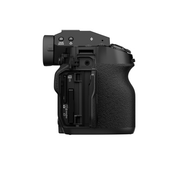 Black mirrorless camera body shown from the side, displaying grip, ports, and control layout.