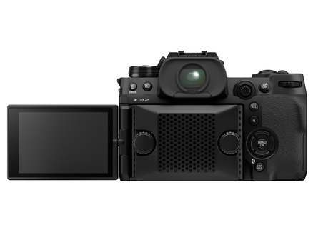 Black mirrorless camera system displayed with articulating LCD screen extended and multiple control buttons visible.