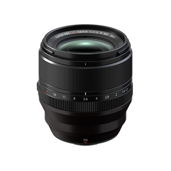 Black camera lens with focus ring and aperture markings visible against white background.