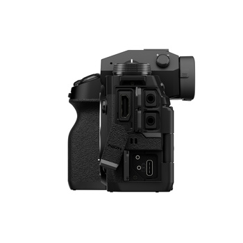 Rear view of a mirrorless camera showing dual SD card slots, USB-C port, and articulating screen area.