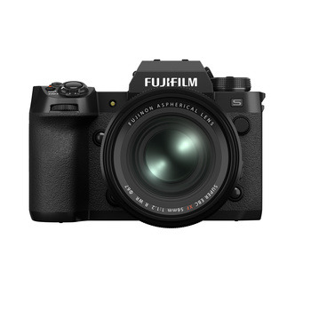 Fujifilm X-S20 mirrorless camera with XF 18-55mm lens, shown front-facing against white background.