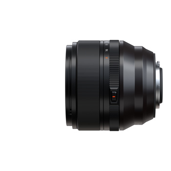 Black telephoto lens with ribbed barrel and control rings against white background.