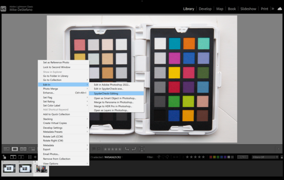 Screenshot of photo editing software showing two color checker charts side by side with a dropdown menu open.
