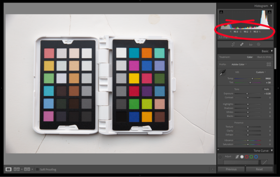 Screenshot of photo editing software showing two color checker charts photographed side by side with editing panels visible on the right.