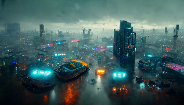 Futuristic cyberpunk cityscape at night with neon-lit vehicles and buildings shrouded in mist.