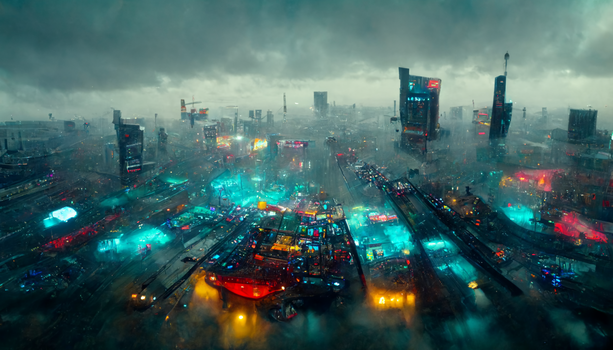 Neon-lit cityscape at dusk with glowing cyan and red lights illuminating wet streets and towering skyscrapers beneath stormy clouds.