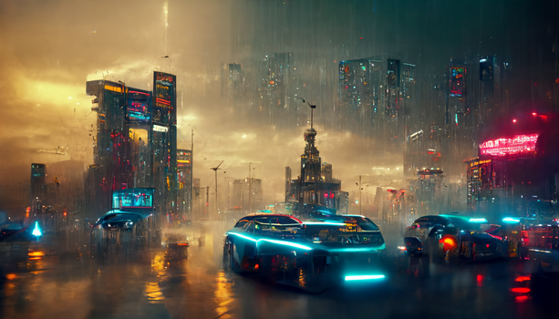 Futuristic cityscape at night with neon-lit vehicles on a rain-soaked street amid towering skyscrapers.
