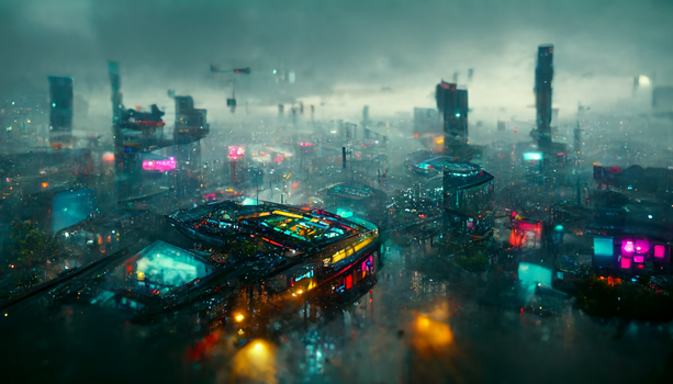 Neon-lit futuristic cityscape at night with glowing buildings and wet streets under stormy skies.