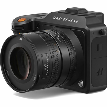 Hasselblad medium format camera with attached lens, displayed at three-quarter angle against white background.