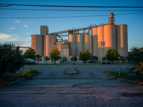 Large industrial grain silos illuminated by golden hour sunlight, viewed across an empty paved area with green vegetation on either side.