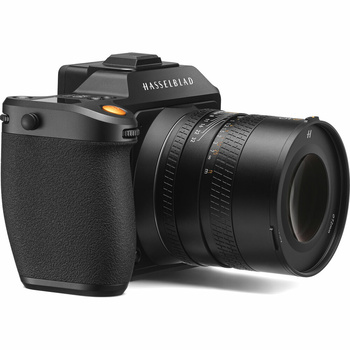 Hasselblad medium format camera with attached telephoto lens on white background.