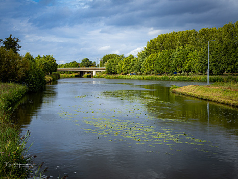 Calm river lined with green trees and grass banks under partly cloudy sky.