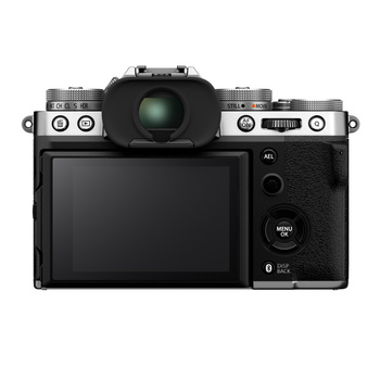 Mirrorless camera with electronic viewfinder, viewed from above showing articulating rear LCD screen and control layout.