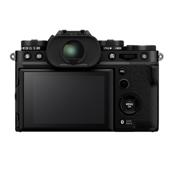 Mirrorless camera displayed from rear, showing electronic viewfinder and rear LCD screen.