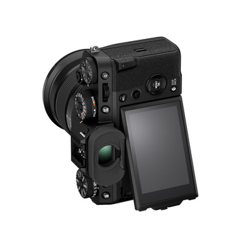 Mirrorless camera body shown from rear three-quarter angle against white background.