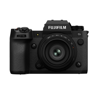 Fujifilm X-S5 mirrorless camera with fixed prime lens and textured black body against white background.