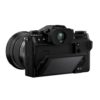 Black mirrorless camera with attached wide-angle lens and articulating rear screen displayed against white background.