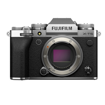 Fujifilm X-T5 mirrorless camera body shown from the front, displaying the silver and black design with central sensor opening.