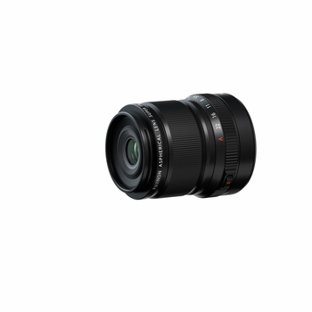 Black telephoto lens with green lens element visible, photographed against white background.