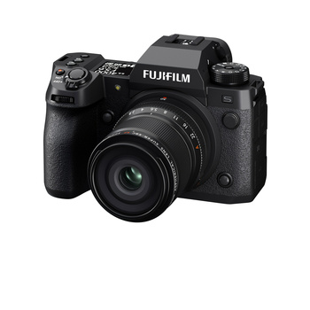 Fujifilm X-H2S mirrorless camera with attached standard zoom lens, shown against white background.