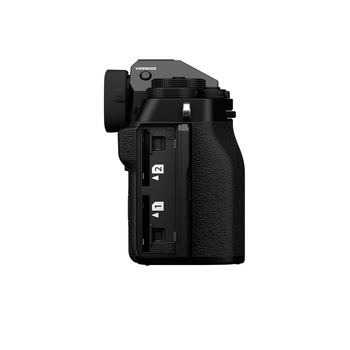 Side view of a black mirrorless camera body with grip and control buttons visible.